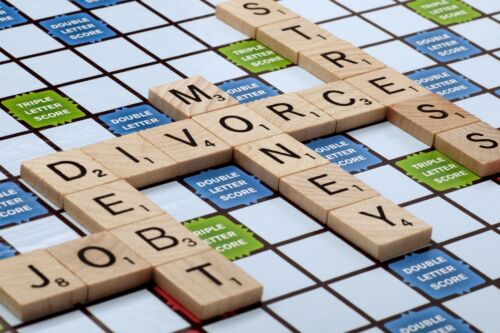 Scrabble board with words relating to divorce, money, debt, etc.